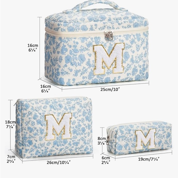 3 pc Quilted Floral Makeup Cosmetic Toiletry Bag Set - Initial M - Picture 2 of 3